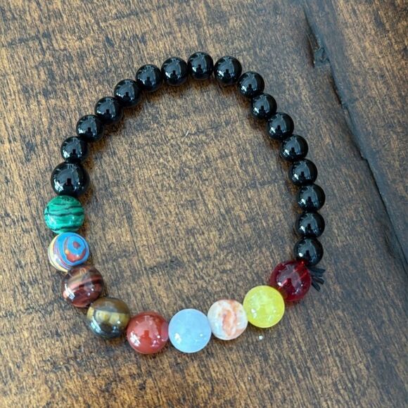 Colorful Chakra Energy Bead Bracelet, Stretch Design, Black Gloss & Gemstone Mix - Picture 5 of 10